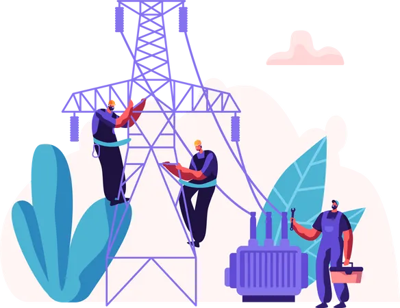 Electrician Workers Working on Transmission Tower  Illustration