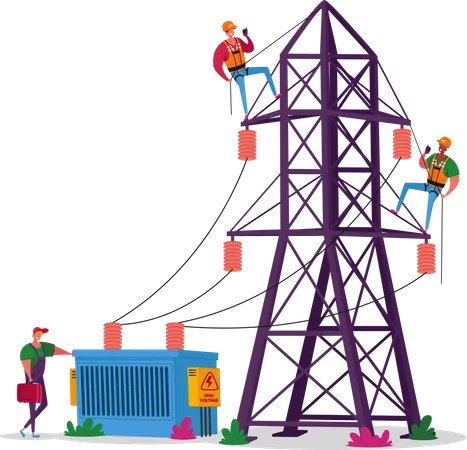 Electrician workers working on transmission tower  Illustration