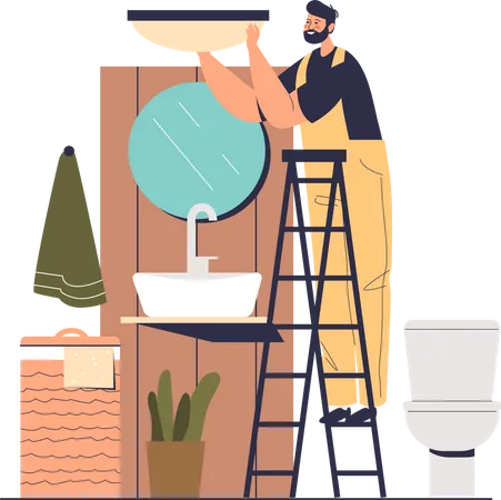 Electrician Working In Bathroom Installing New Lamp After Renovation Of Bathtub Interior Worker On Ladder In Bath Room Changing Light Bulbs Cartoon Flat Vector Illustration Illustration
