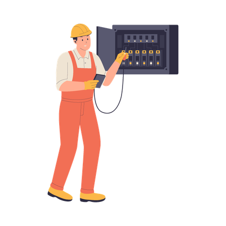 Electricians Repairing Electrical Panel and Battery  Illustration
