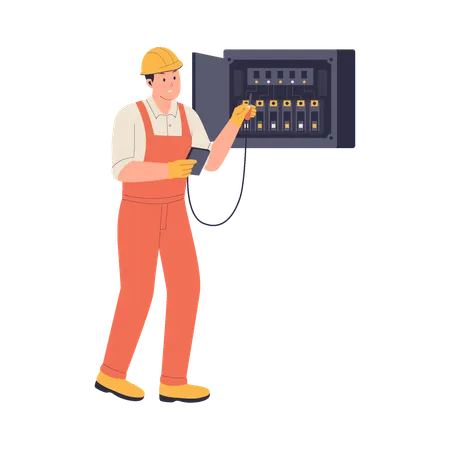 Electricians Repairing Electrical Panel and Battery  Illustration