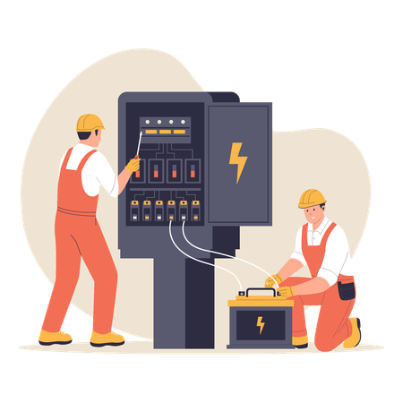 Electricians Repairing Electrical Panel and Battery  Illustration