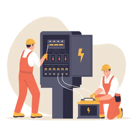 Electricians Repairing Electrical Panel and Battery  Illustration