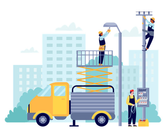 Electricians work on street with lighting line  Illustration