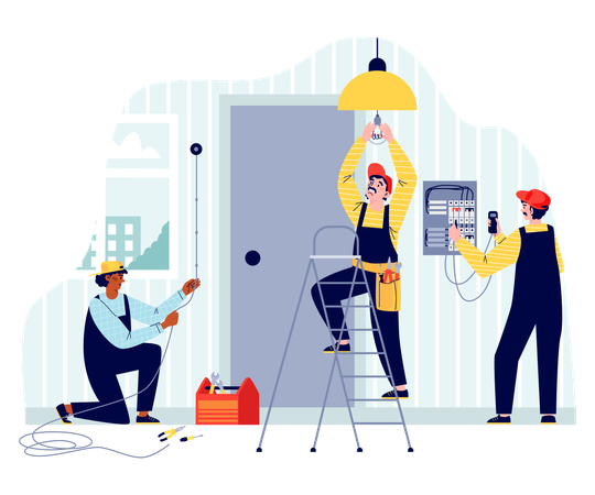 Electricians work with wiring and lighting  Illustration