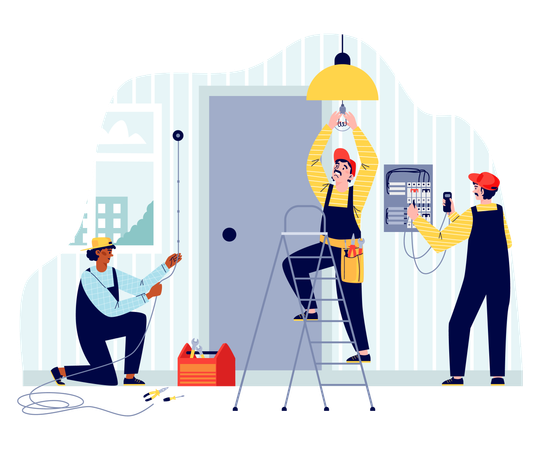 Electricians work with wiring and lighting  Illustration