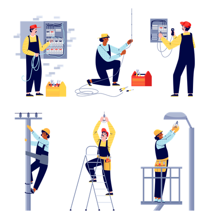 Electricians workers work with power grids  Illustration