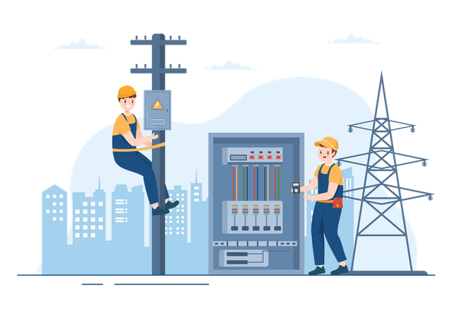 Electricians working together to repair electrical box  Illustration