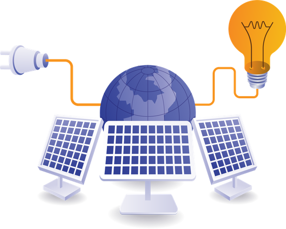 Electricidad ecológica y ecológica a partir de tecnología de energía de paneles solares.  Ilustración