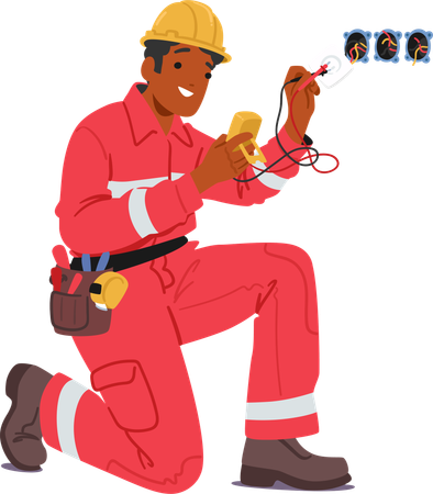 Électricien en combinaison rouge, casque de sécurité et ceinture à outils, travaillant avec des composants électriques  Illustration