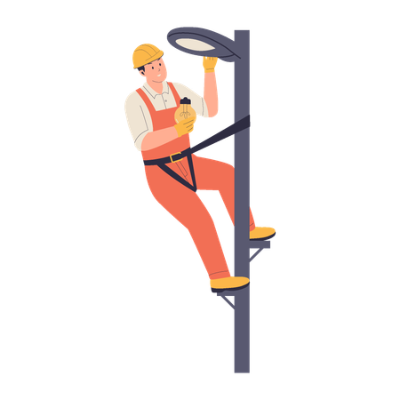 Un électricien grimpe à un poteau pour réparer un lampadaire  Illustration