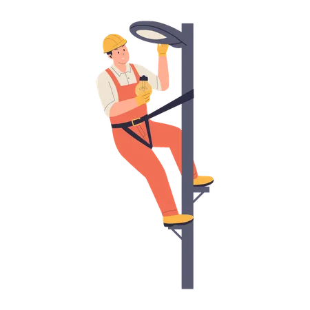 Un électricien grimpe à un poteau pour réparer un lampadaire  Illustration