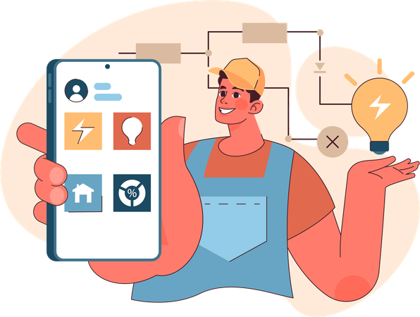 Électricien installant des fonctionnalités de maison intelligente  Illustration