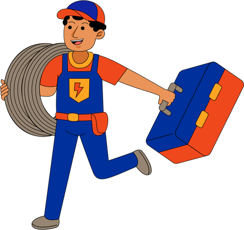 Électricien masculin courant avec un fil et une boîte à outils  Illustration