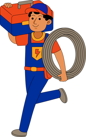 Électricien masculin courant avec un fil et une boîte à outils  Illustration