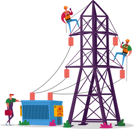 Ouvriers électriciens travaillant sur la tour de transmission  Illustration