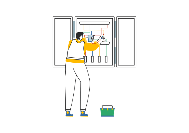 Électricien vérifiant la boîte à fusibles  Illustration