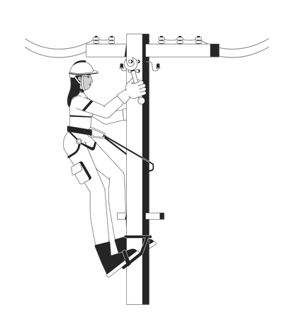 Une électricienne répare un poteau électrique  Illustration