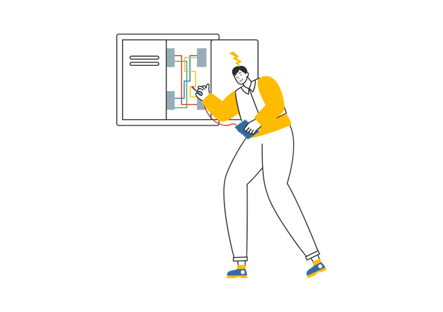 Electricista revisando caja de fusibles  Ilustración