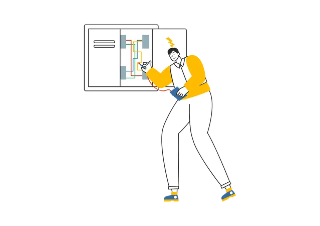 Electricista revisando caja de fusibles  Ilustración