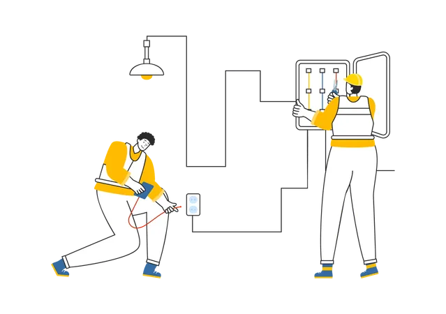 Electricista revisando el panel de energía  Ilustración