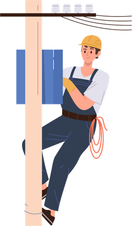 Un escalador electricista masculino con una cuerda de seguridad colgando de un poste eléctrico reparando equipos de rayos  Ilustración