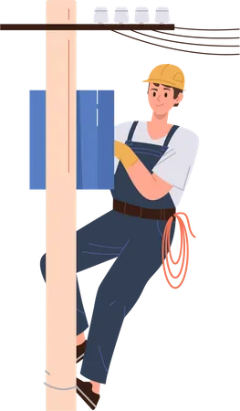Un escalador electricista masculino con una cuerda de seguridad colgando de un poste eléctrico reparando equipos de rayos  Ilustración
