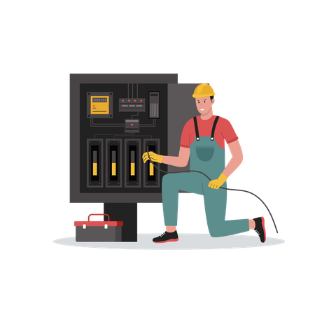 Electricista haciendo mantenimiento de energía  Ilustración