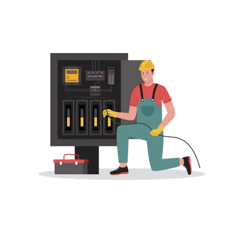 Electricista haciendo mantenimiento de energía  Ilustración