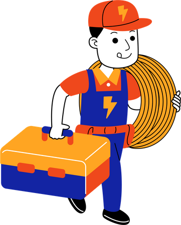 Electricista masculino llevando cable eléctrico y caja de herramientas  Ilustración