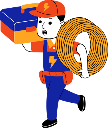 Electricista masculino llevando cable eléctrico y caja de herramientas  Ilustración