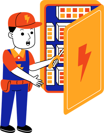 Electricista masculino reparando caja eléctrica  Ilustración