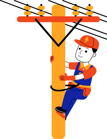 Electricista masculino sube a un poste eléctrico  Ilustración
