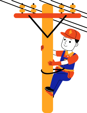 Electricista masculino sube a un poste eléctrico  Ilustración