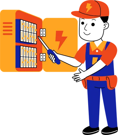 Electricista masculino revisa la caja de control eléctrico  Ilustración