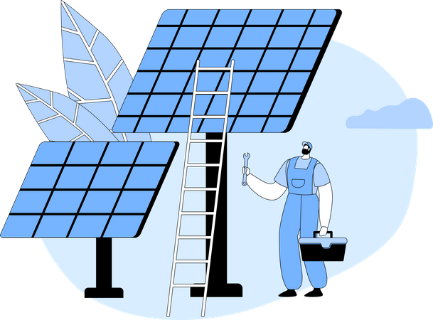 Electricista instalando paneles solares  Ilustración