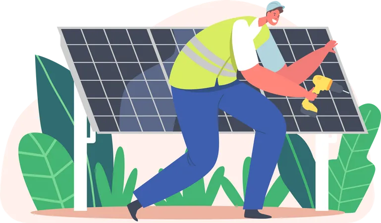 Electricista instalando paneles solares  Ilustración