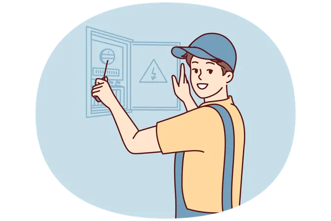 El electricista se dedica a reparar aparatos eléctricos abriendo el panel.  Ilustración