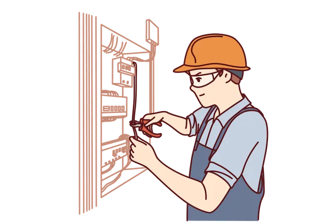 Electricista repara fuente de alimentación  Ilustración