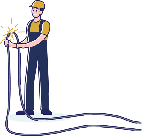 Hombre Electricista Sosteniendo Cable Electrico Con Chispa Electrica Ingeniero De Dibujos Animados Con Uniforme Protector Reparando Cables De Alto Voltaje Ilustracion Vectorial Lineal Ilustración
