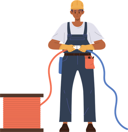 Electricista sosteniendo dos cables que conectan cables para iniciar equipos eléctricos  Ilustración