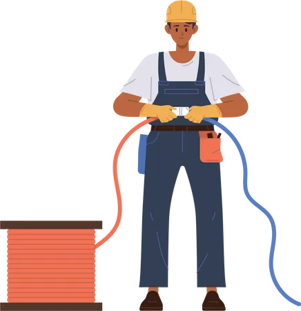 Electricista sosteniendo dos cables que conectan cables para iniciar equipos eléctricos  Ilustración