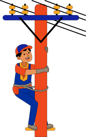 Electricista masculino subiendo a un poste eléctrico  Ilustración
