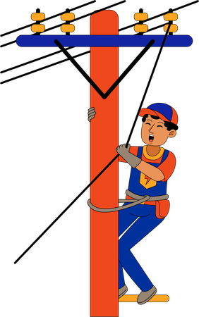 Electricista masculino subiendo a un poste eléctrico  Ilustración