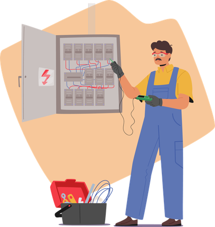 Trabajador electricista examina el borrador de trabajo y mide el voltaje en el tablero  Ilustración