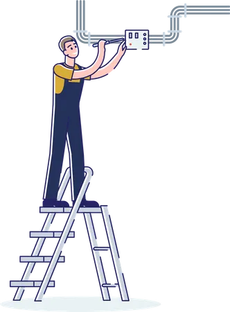 Hombre Trabajador Electricista Trabajando Con Medidor Electrico Ingeniero De Personaje De Dibujos Animados Masculino En Interruptor De Fijacion Uniforme O Mostrador De Pie En La Escalera Ilustracion Vectorial Lineal Ilustración