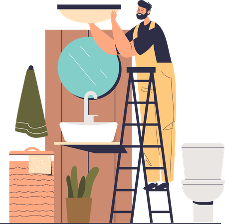 Electricista trabajando en el baño  Ilustración