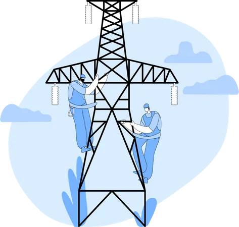 Electricista trabajando en la torre de transmisión eléctrica  Ilustración