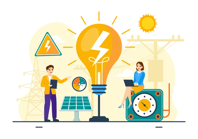 Lighting And Electricity Vector Illustration With Lamp And Energy Maintenance Service Panel Cabinet Of Technician Electrical Work On Flat Background Illustration