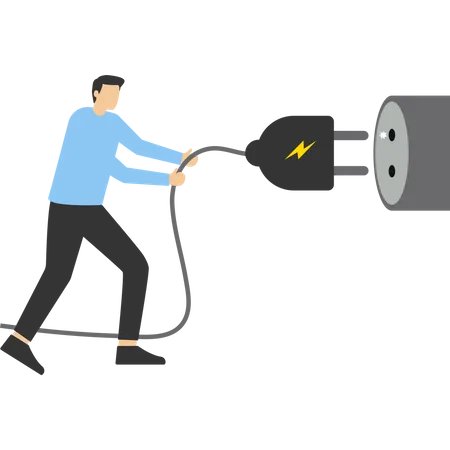 Electricity Saving Ecological Awareness Or Electricity Cost Reduction And Spending Concept Man Unplugging The Power Cord To Unplug To Save Money Or For Ecological Power Flat Vector Illustration Illustration